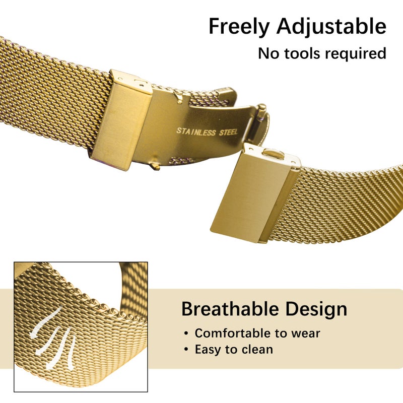 EACHE 18mm Gold Stainless Steel Mesh Watch Band Quick Release Mesh Watch Straps 18mm Gold - Image 3